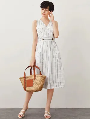 CM-DS414666 Women Trendy Bohemian Style Wrap Front Buttoned Waist Pocket Detail Striped Dress