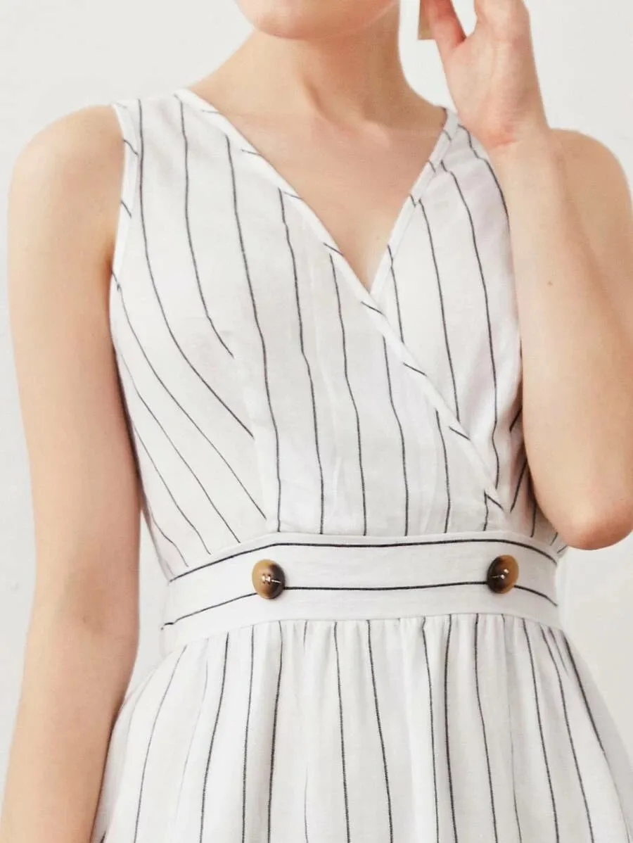 CM-DS414666 Women Trendy Bohemian Style Wrap Front Buttoned Waist Pocket Detail Striped Dress