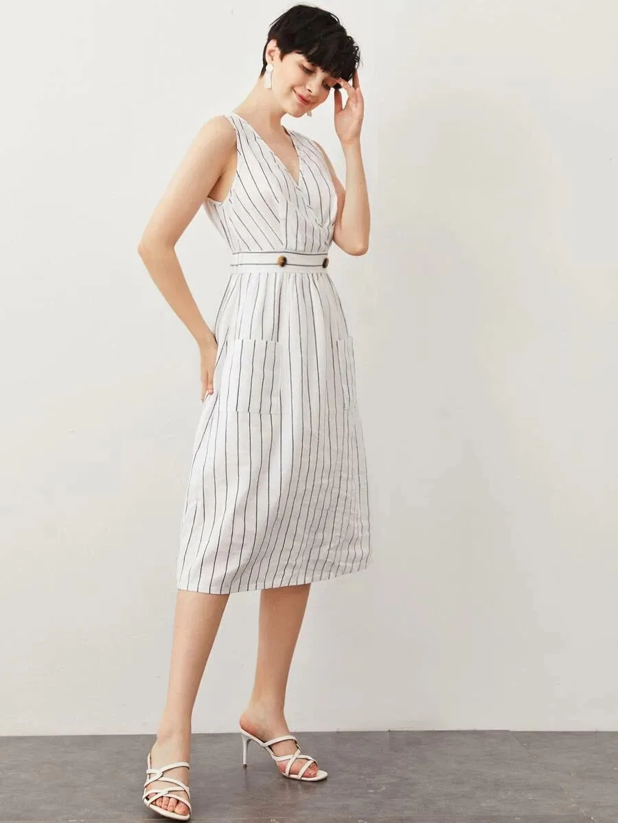 CM-DS414666 Women Trendy Bohemian Style Wrap Front Buttoned Waist Pocket Detail Striped Dress