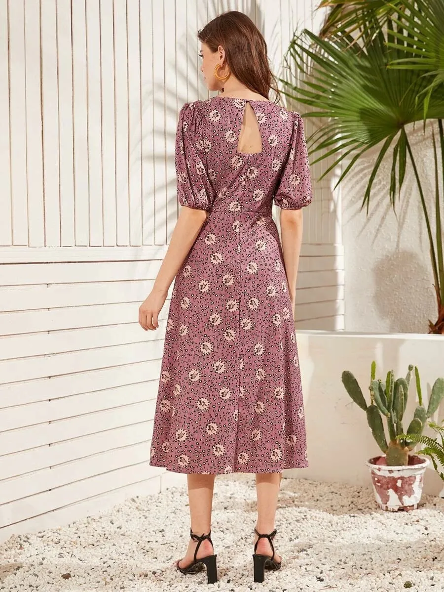 CM-DS415189 Women Elegant Seoul Style Half Sleeve Animal Print Puff Sleeve Split Hem Dress