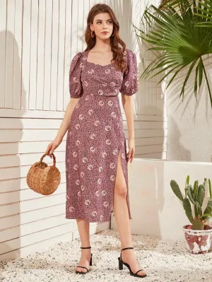 CM-DS415189 Women Elegant Seoul Style Half Sleeve Animal Print Puff Sleeve Split Hem Dress