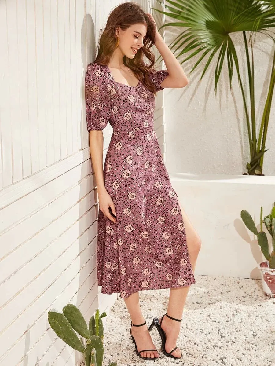 CM-DS415189 Women Elegant Seoul Style Half Sleeve Animal Print Puff Sleeve Split Hem Dress