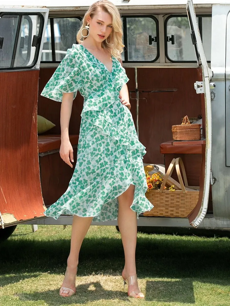 CM-DS504264 Women Elegant European Style Half Sleeve Ruffle Trim Floral Print A-Line Midi Dress - Green