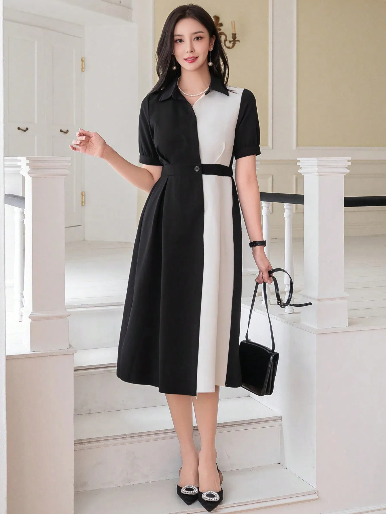 CM-DS521133 Women Elegant Seoul Style Puff Sleeve Color Contrast Patchwork Shirt Dress
