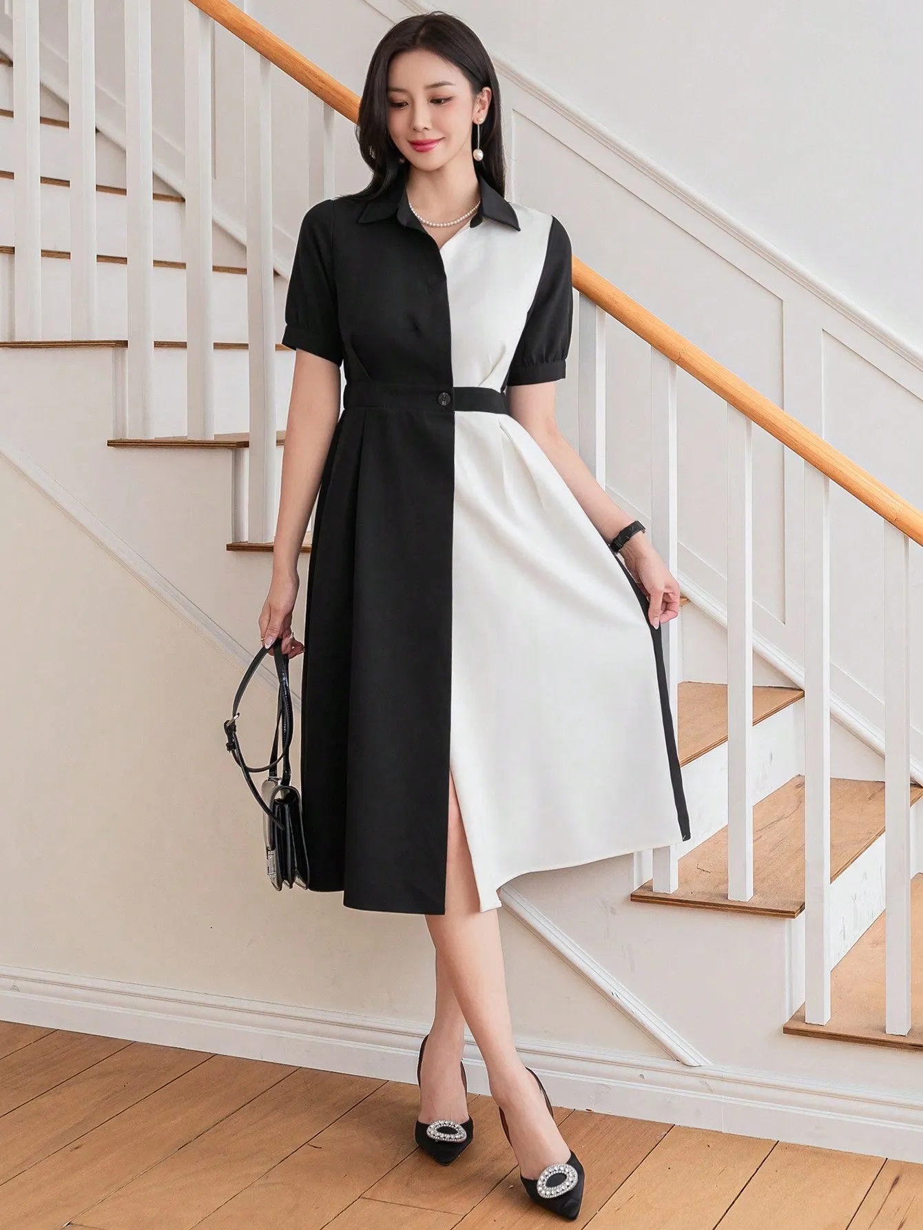 CM-DS521133 Women Elegant Seoul Style Puff Sleeve Color Contrast Patchwork Shirt Dress