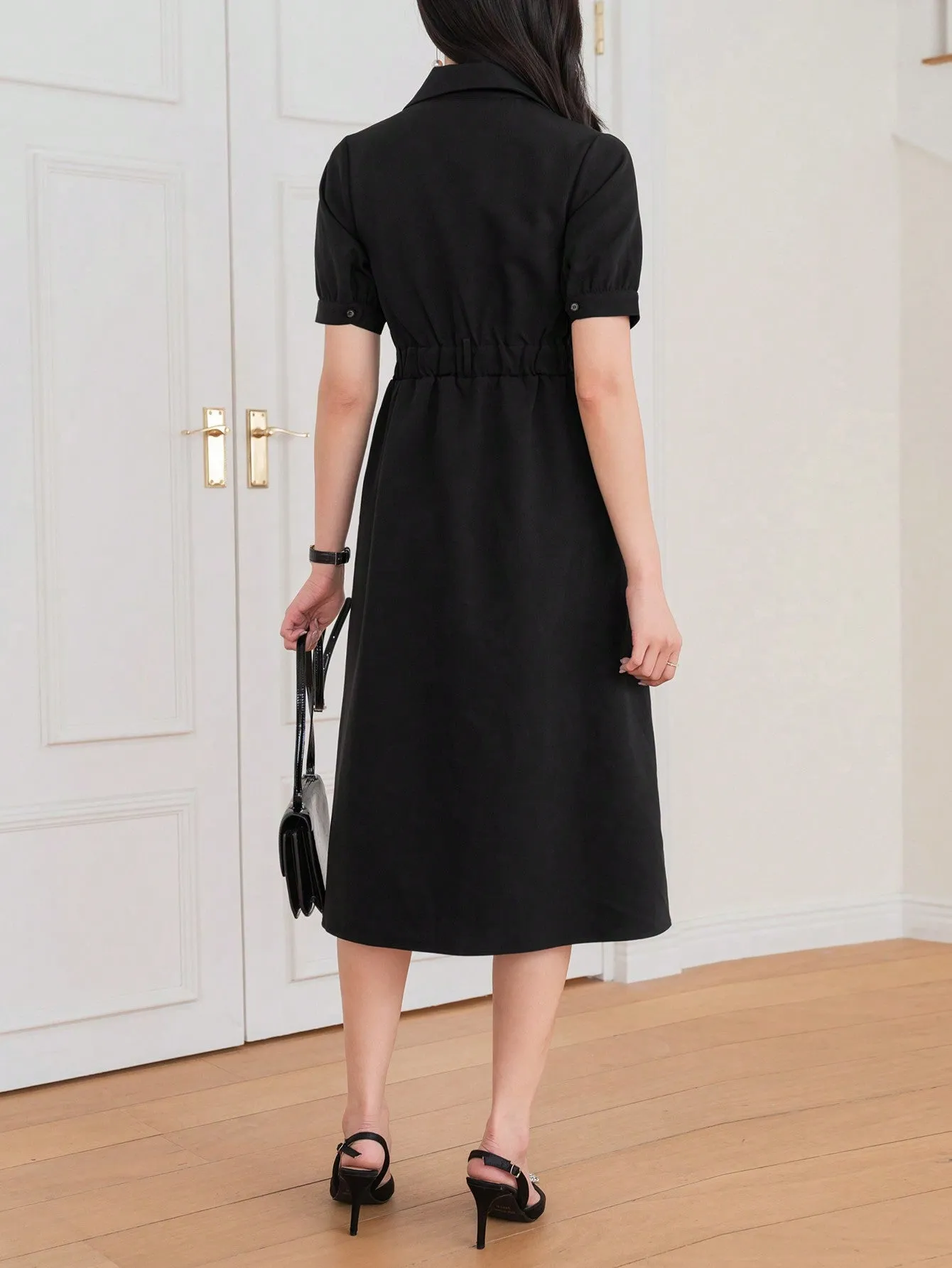 CM-DS521133 Women Elegant Seoul Style Puff Sleeve Color Contrast Patchwork Shirt Dress