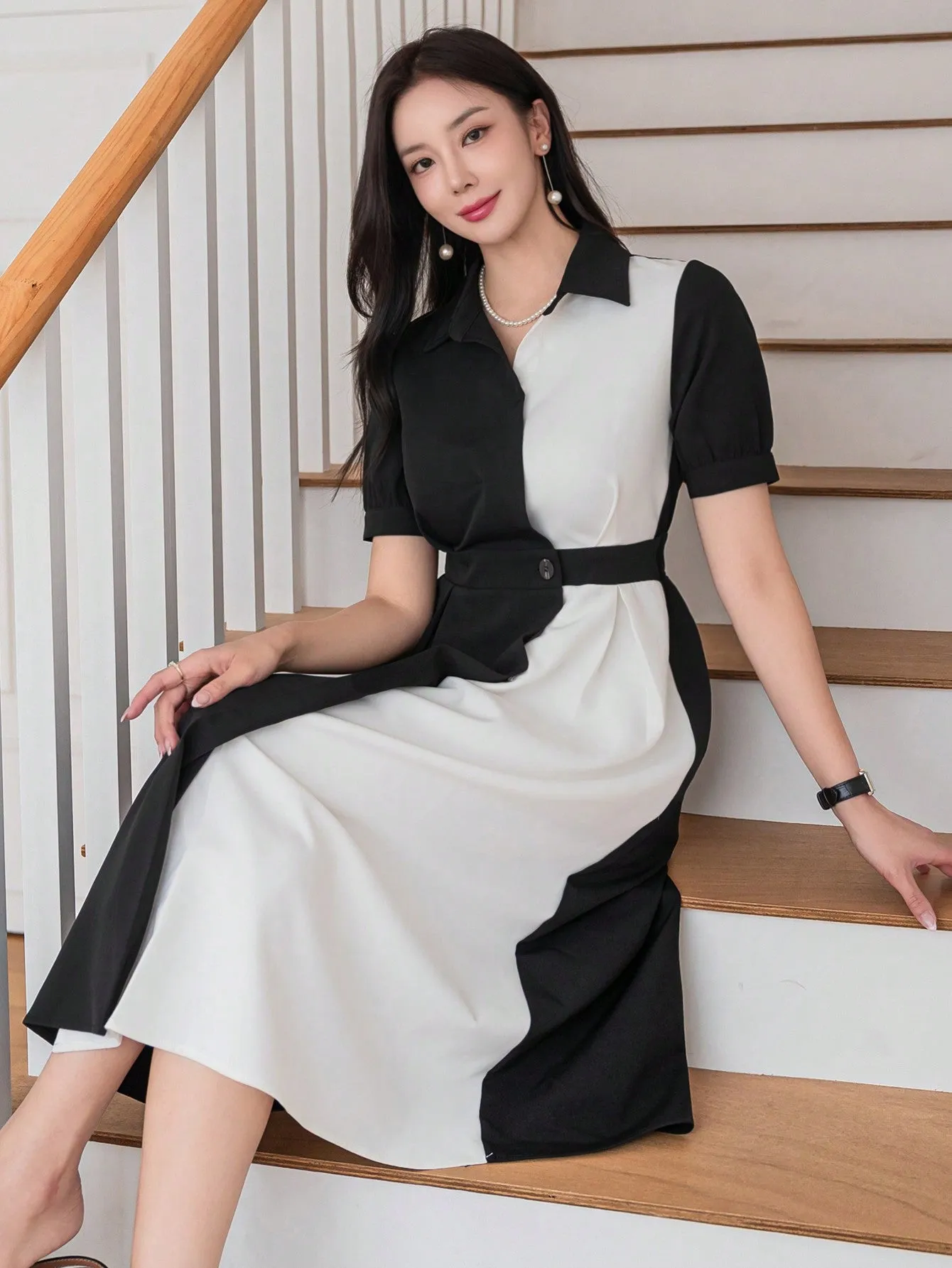 CM-DS521133 Women Elegant Seoul Style Puff Sleeve Color Contrast Patchwork Shirt Dress