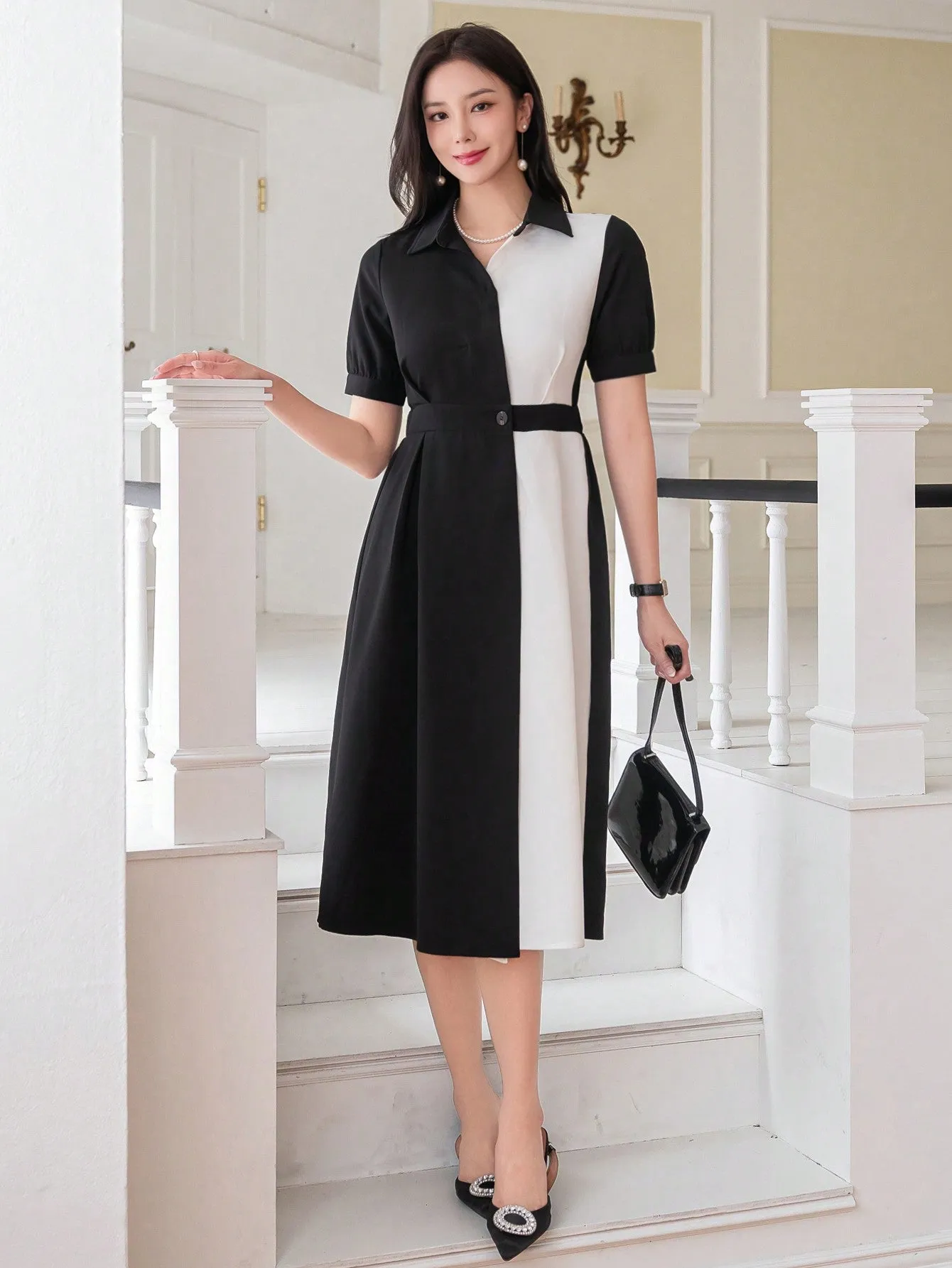 CM-DS521133 Women Elegant Seoul Style Puff Sleeve Color Contrast Patchwork Shirt Dress