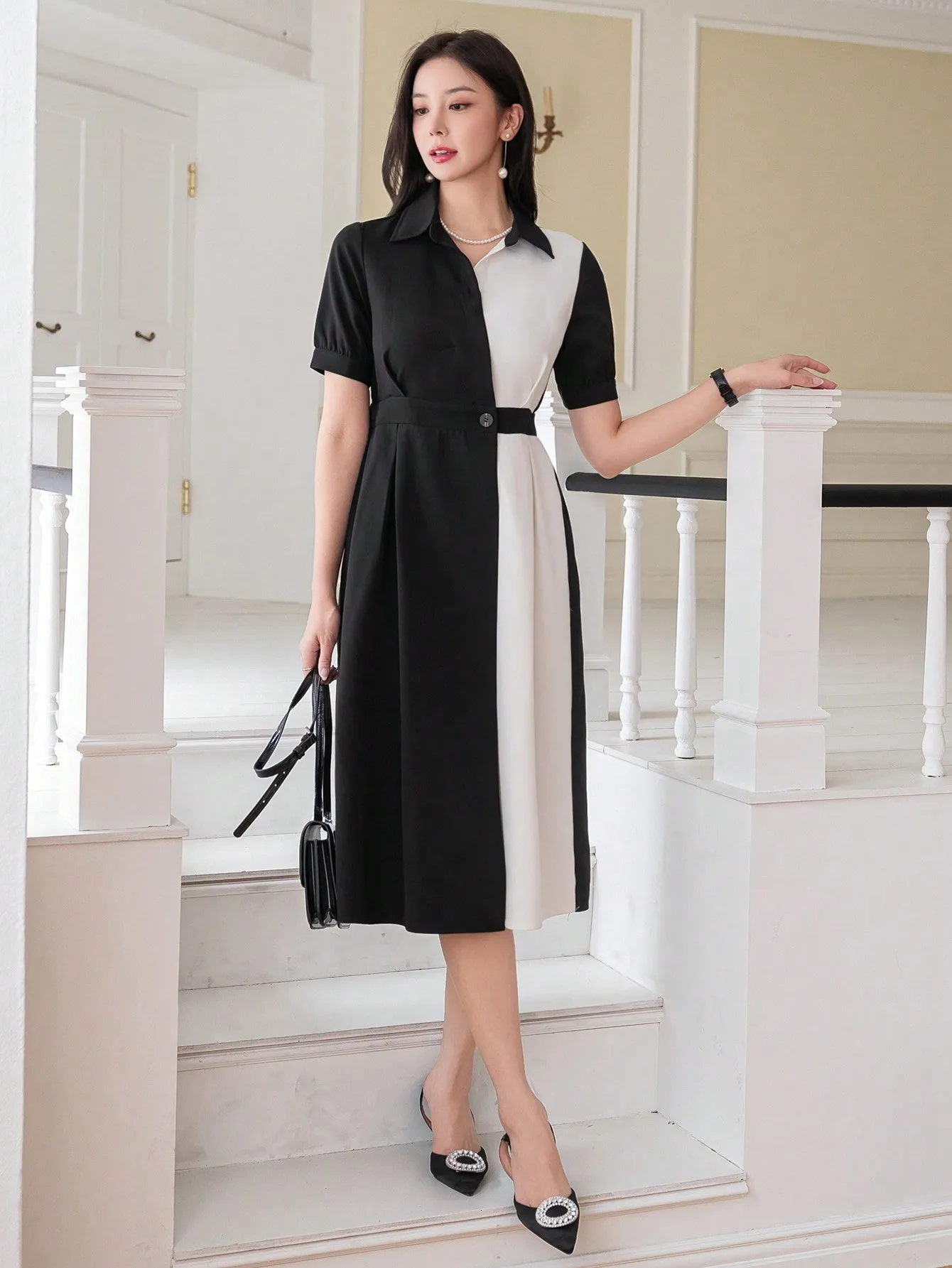 CM-DS521133 Women Elegant Seoul Style Puff Sleeve Color Contrast Patchwork Shirt Dress