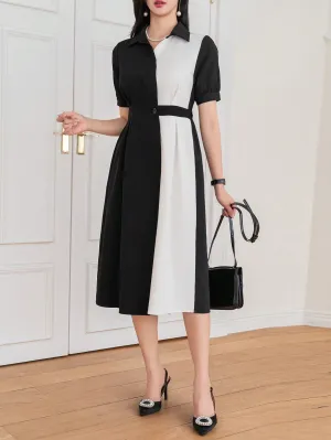 CM-DS521133 Women Elegant Seoul Style Puff Sleeve Color Contrast Patchwork Shirt Dress
