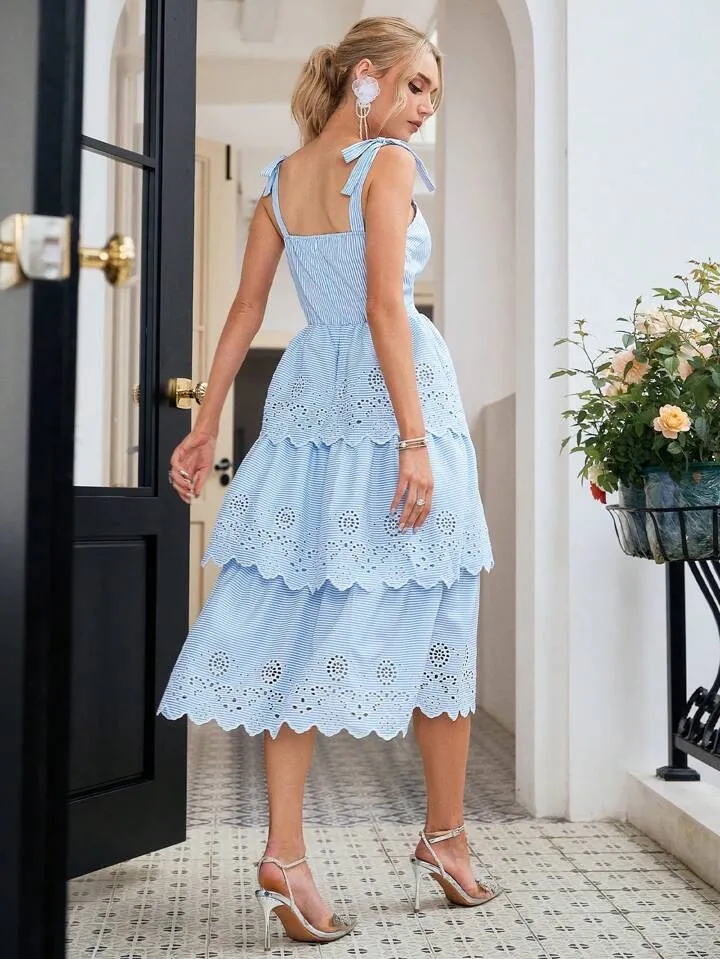 CM-DS550562 Women Elegant Seoul Style Hollow Out Embroidery Shoulder Strap Striped Sundress