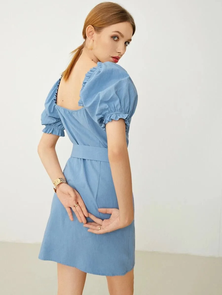 CM-DS609145 Women Casual Seoul Style Square Neck Frill Trim Puff Sleeve Buckle Belted Dress - Blue