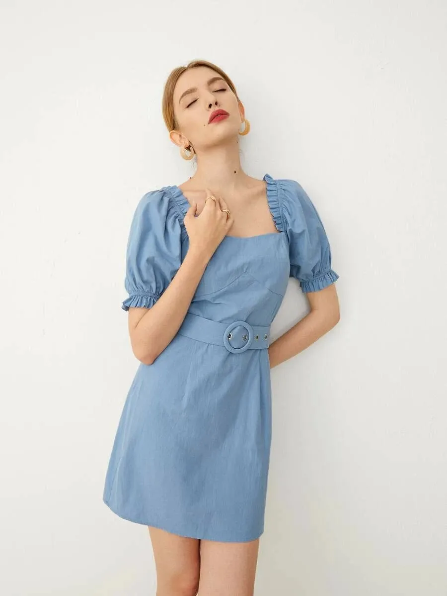CM-DS609145 Women Casual Seoul Style Square Neck Frill Trim Puff Sleeve Buckle Belted Dress - Blue