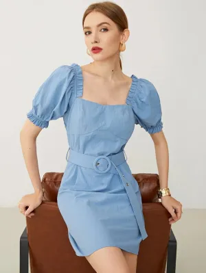 CM-DS609145 Women Casual Seoul Style Square Neck Frill Trim Puff Sleeve Buckle Belted Dress - Blue