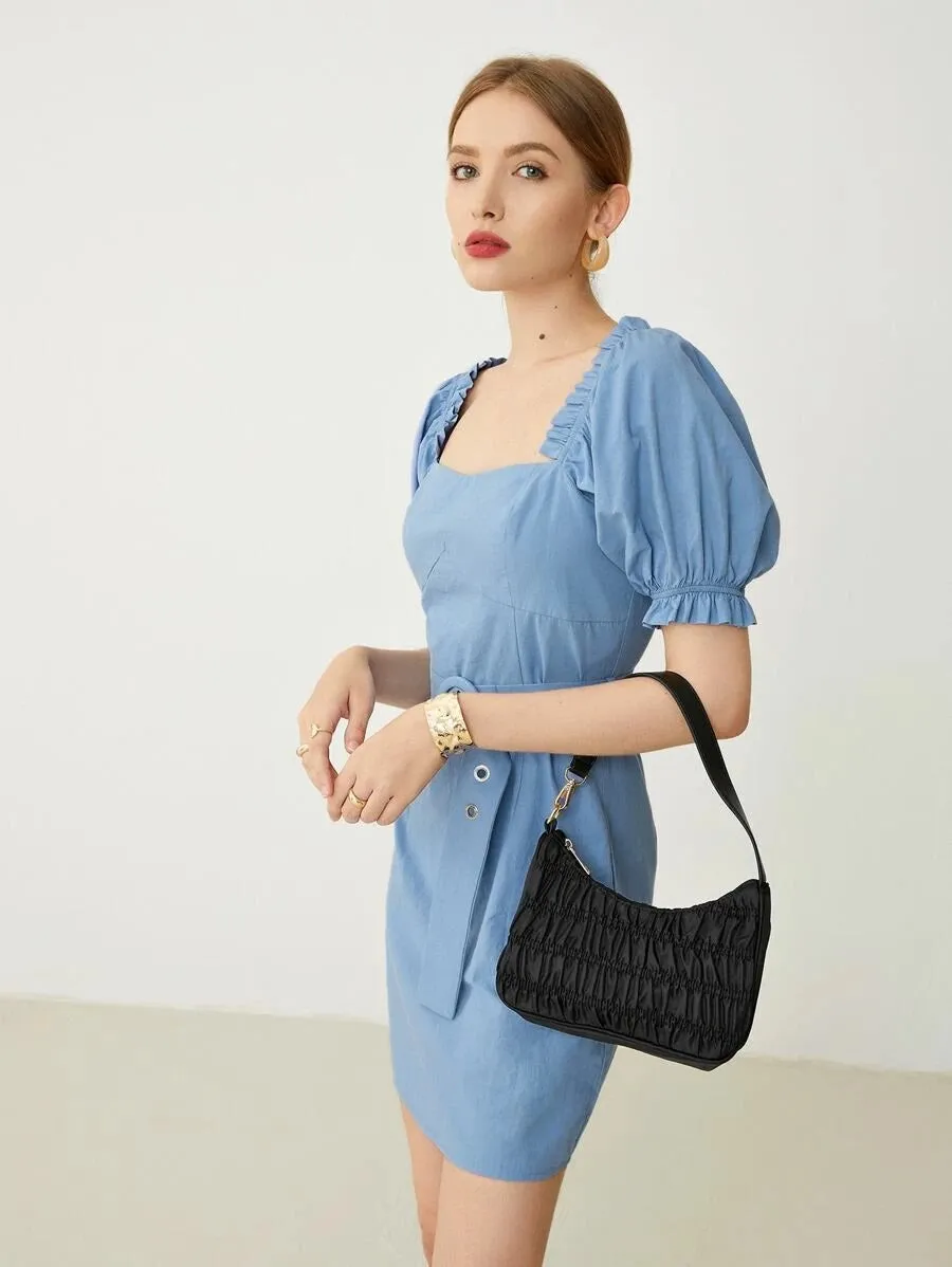 CM-DS609145 Women Casual Seoul Style Square Neck Frill Trim Puff Sleeve Buckle Belted Dress - Blue