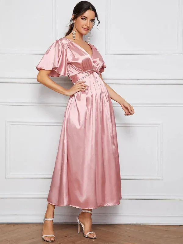 CM-DS628997 Women Casual Seoul Style Satin Twist Front Butterfly Sleeve A-Line Dress - Pink