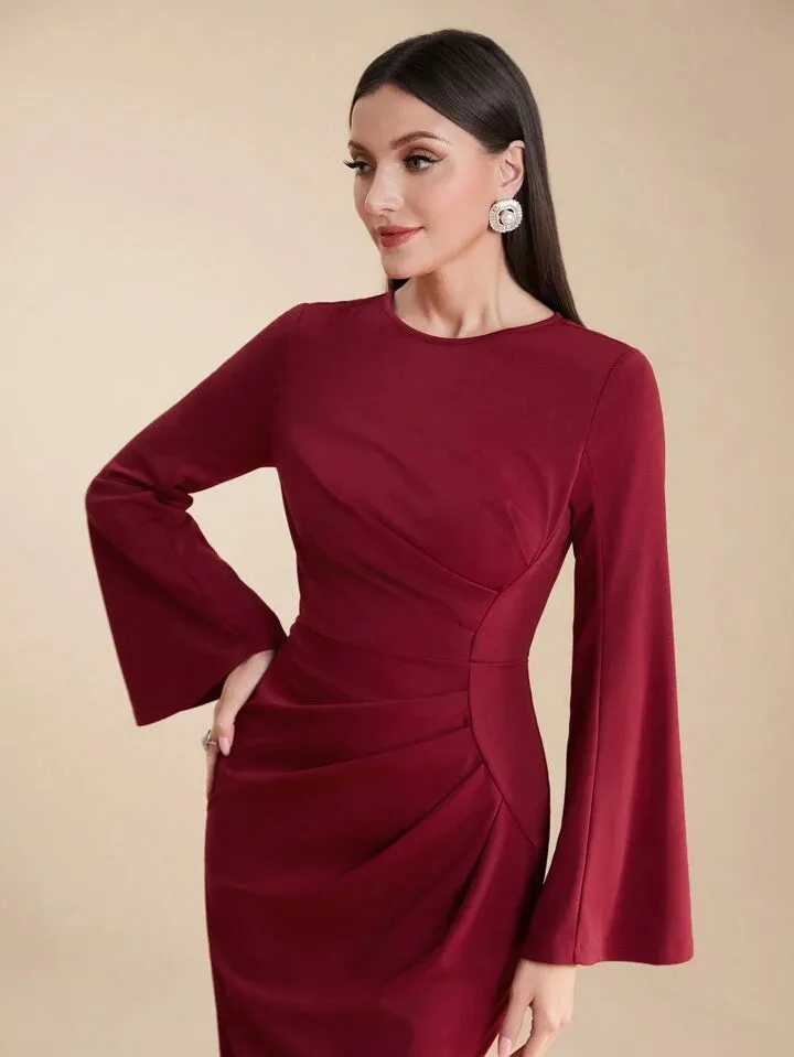 CM-DS697901 Women Elegant Seoul Style Round Neck Flared Sleeves Pleated Slim Fit Long Dress - Burgundy