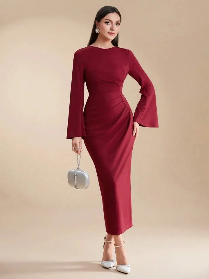 CM-DS697901 Women Elegant Seoul Style Round Neck Flared Sleeves Pleated Slim Fit Long Dress - Burgundy