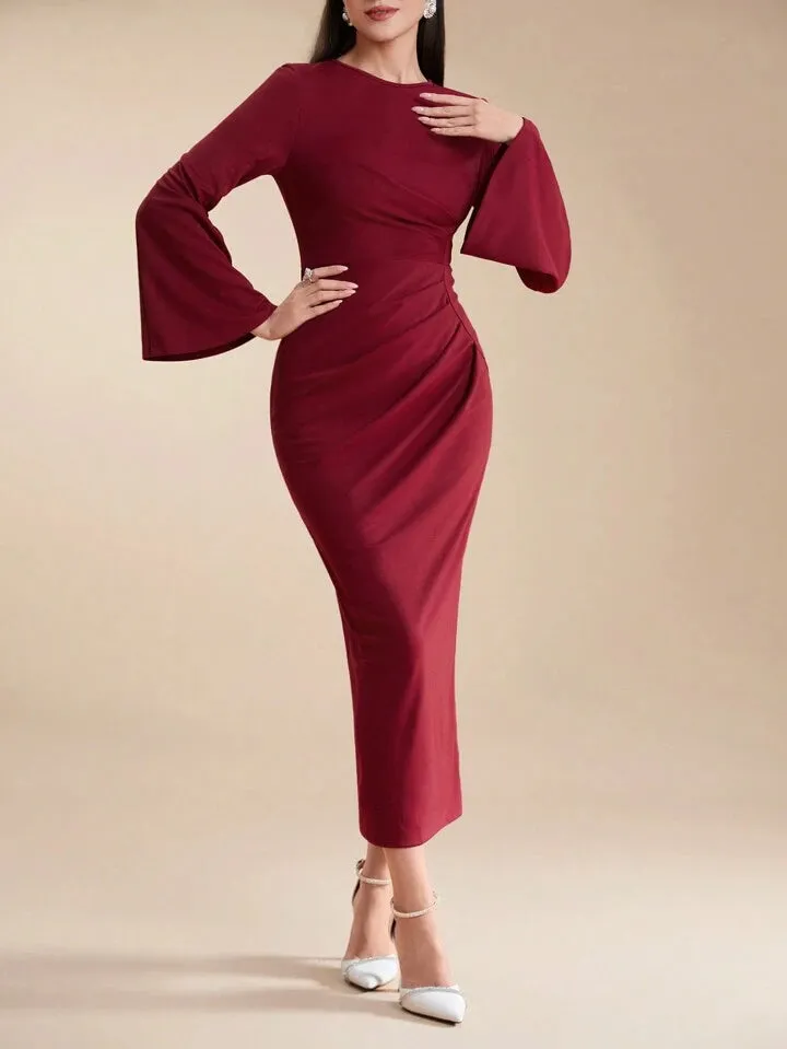 CM-DS697901 Women Elegant Seoul Style Round Neck Flared Sleeves Pleated Slim Fit Long Dress - Burgundy