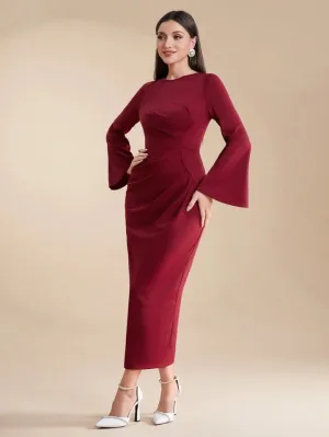 CM-DS697901 Women Elegant Seoul Style Round Neck Flared Sleeves Pleated Slim Fit Long Dress - Burgundy