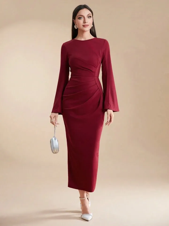 CM-DS697901 Women Elegant Seoul Style Round Neck Flared Sleeves Pleated Slim Fit Long Dress - Burgundy