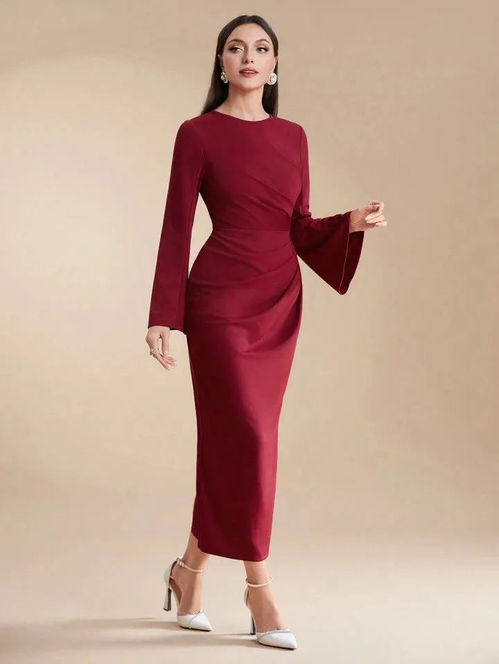 CM-DS697901 Women Elegant Seoul Style Round Neck Flared Sleeves Pleated Slim Fit Long Dress - Burgundy