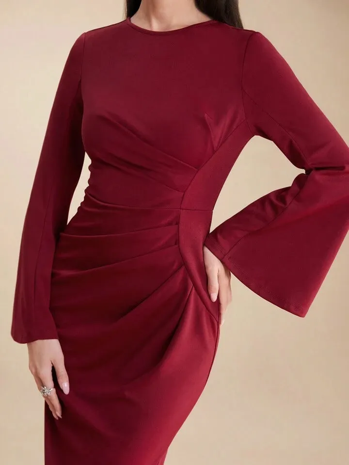 CM-DS697901 Women Elegant Seoul Style Round Neck Flared Sleeves Pleated Slim Fit Long Dress - Burgundy