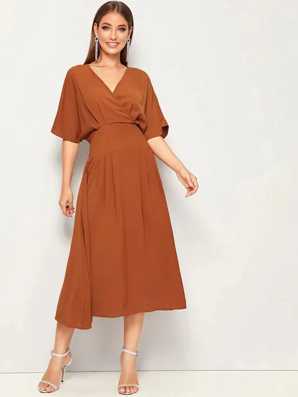 CM-DS704045 Women Casual Seoul Style Short Sleeve Surplice Front High Waist Dress - Brown