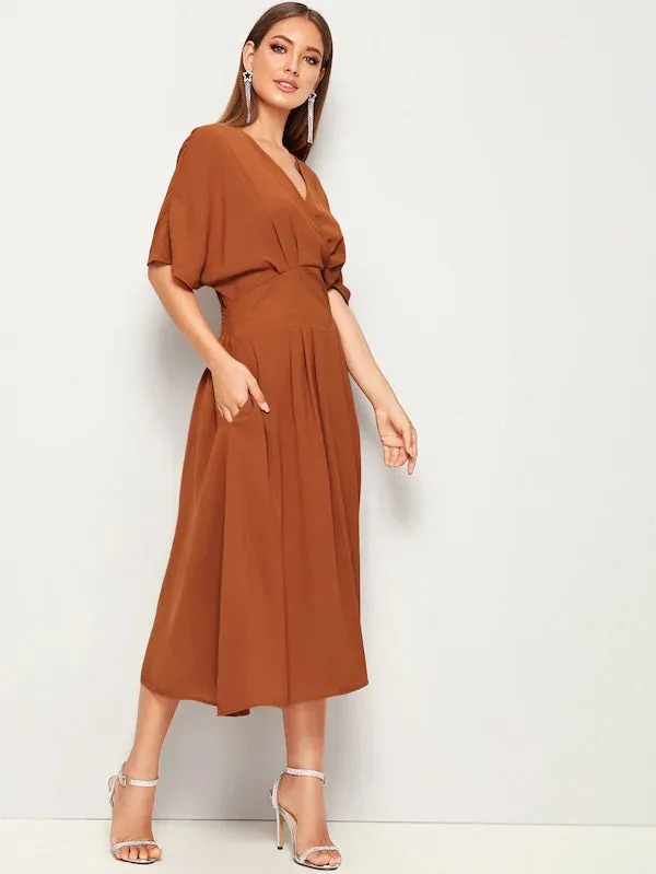 CM-DS704045 Women Casual Seoul Style Short Sleeve Surplice Front High Waist Dress - Brown
