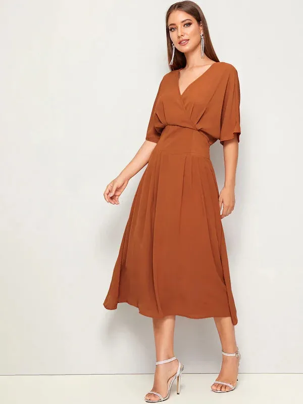 CM-DS704045 Women Casual Seoul Style Short Sleeve Surplice Front High Waist Dress - Brown