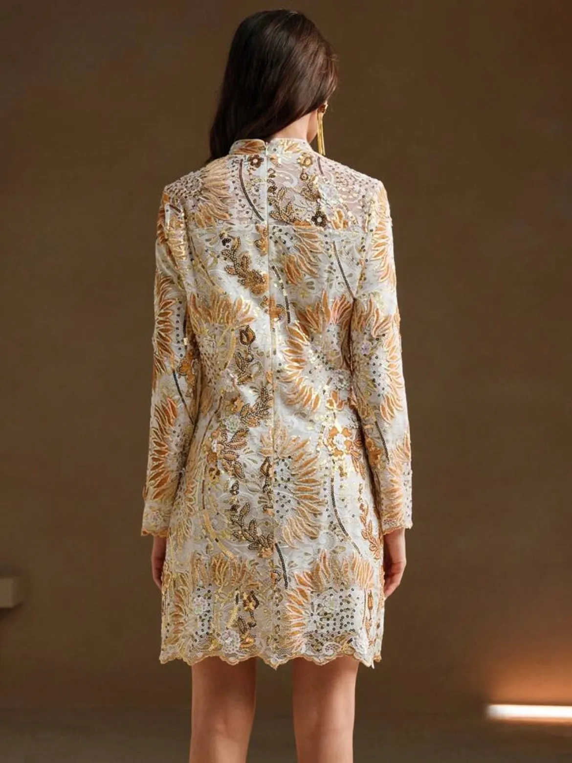 CM-DS783138 Women Elegant Seoul Style Stand Collar Long Sleeve Embroidered And Sequin Waist Fitted Dress