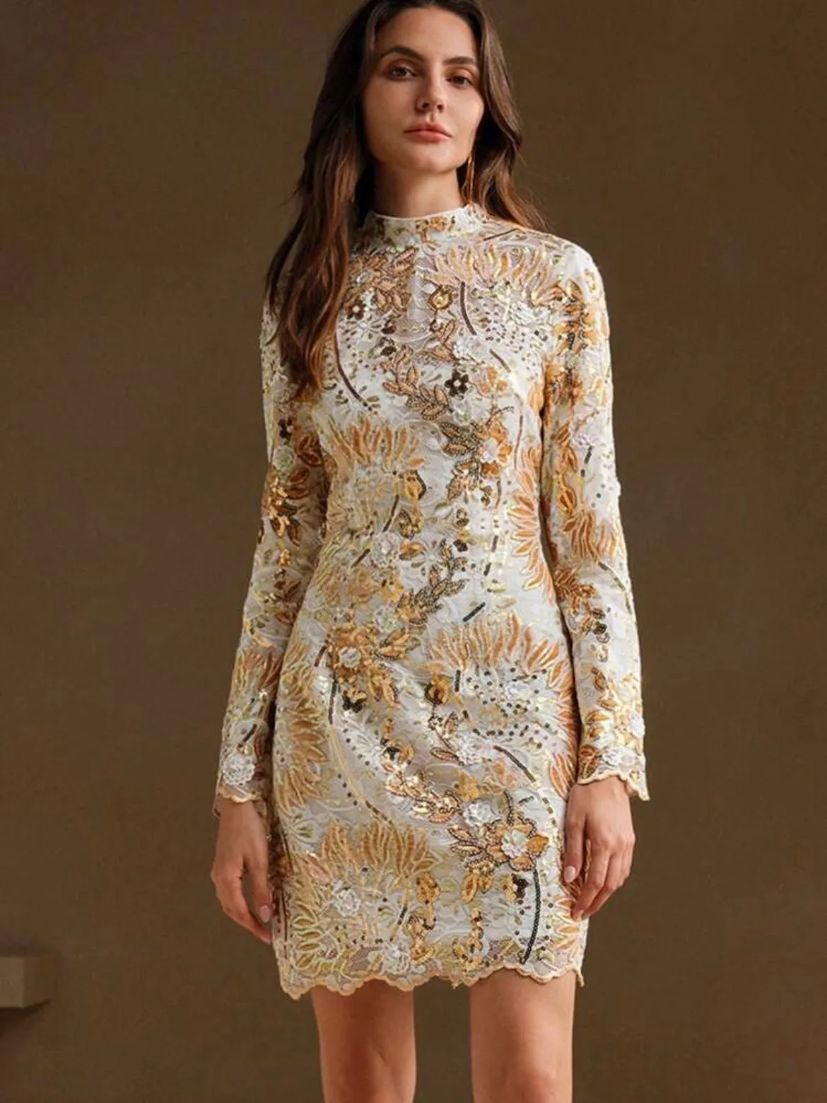 CM-DS783138 Women Elegant Seoul Style Stand Collar Long Sleeve Embroidered And Sequin Waist Fitted Dress