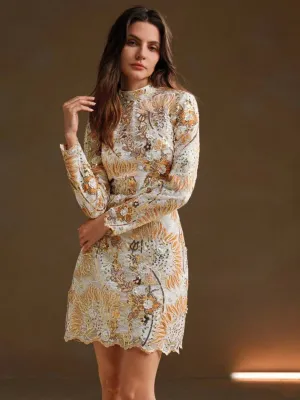 CM-DS783138 Women Elegant Seoul Style Stand Collar Long Sleeve Embroidered And Sequin Waist Fitted Dress