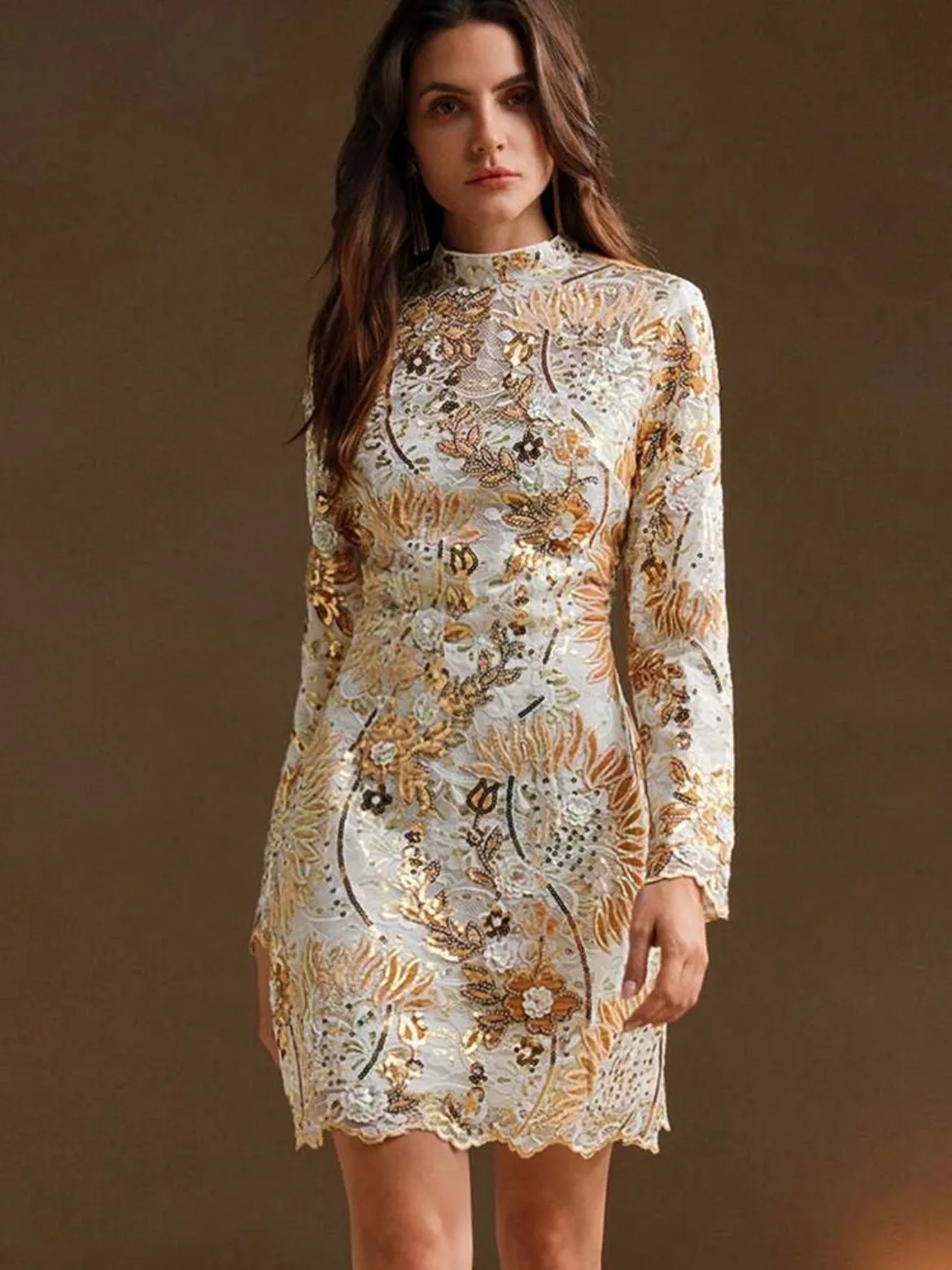 CM-DS783138 Women Elegant Seoul Style Stand Collar Long Sleeve Embroidered And Sequin Waist Fitted Dress
