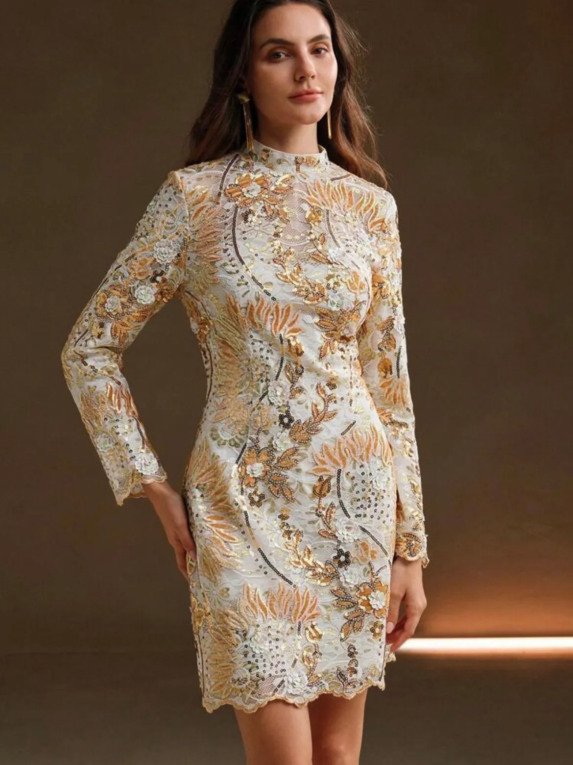 CM-DS783138 Women Elegant Seoul Style Stand Collar Long Sleeve Embroidered And Sequin Waist Fitted Dress