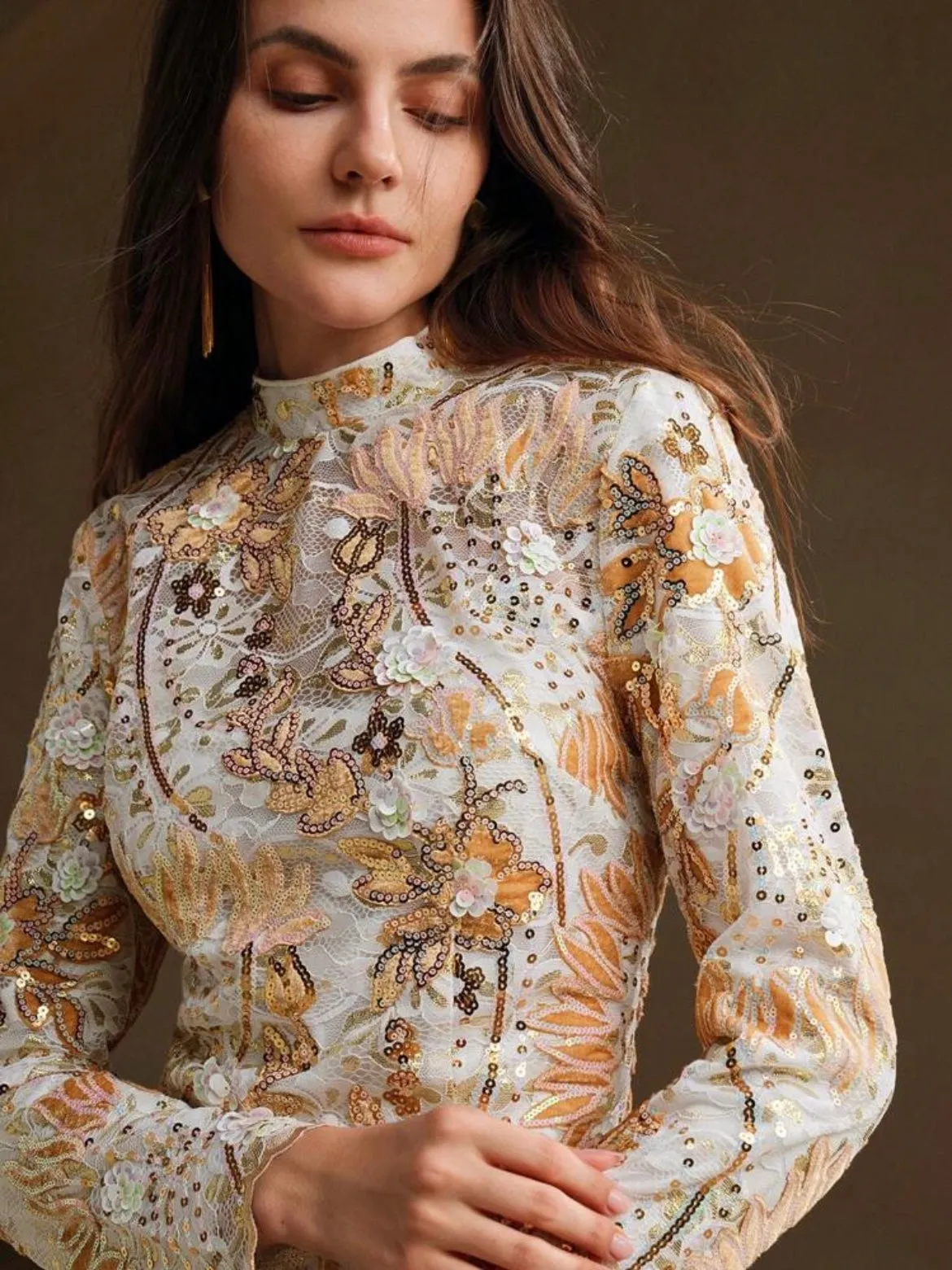 CM-DS783138 Women Elegant Seoul Style Stand Collar Long Sleeve Embroidered And Sequin Waist Fitted Dress