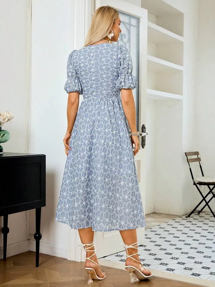 CM-DS905555 Women Casual Seoul Style Embroidery Deep V-Neck Short Sleeve Dress - Blue