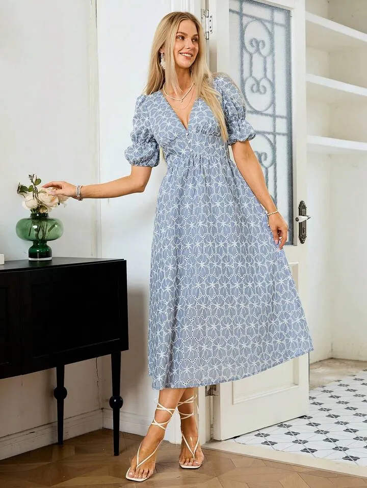 CM-DS905555 Women Casual Seoul Style Embroidery Deep V-Neck Short Sleeve Dress - Blue