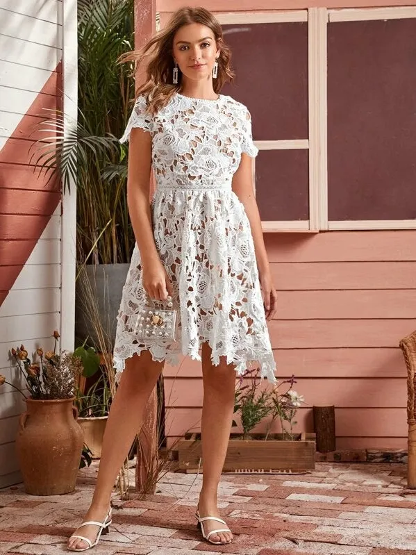 CM-DS918906 Women Elegant Seoul Style Short Sleeve Zip Back Sheer Lace A-Line Dress - White