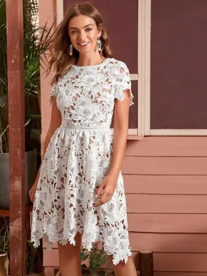 CM-DS918906 Women Elegant Seoul Style Short Sleeve Zip Back Sheer Lace A-Line Dress - White