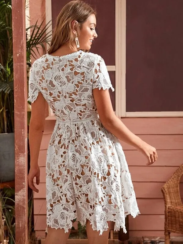 CM-DS918906 Women Elegant Seoul Style Short Sleeve Zip Back Sheer Lace A-Line Dress - White