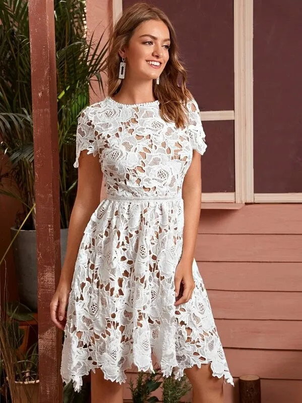 CM-DS918906 Women Elegant Seoul Style Short Sleeve Zip Back Sheer Lace A-Line Dress - White