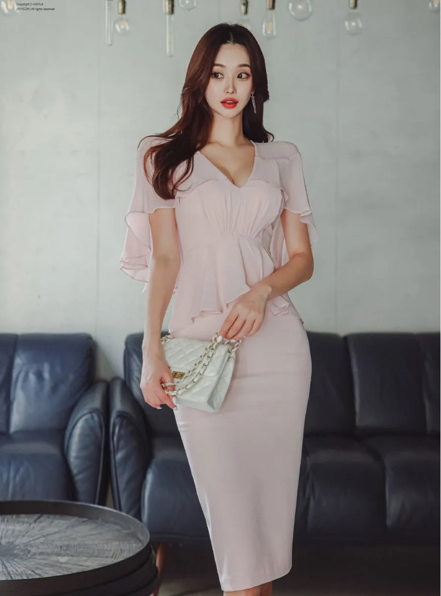 CM-DY071006 Women Elegant Seoul Style V-Neck High Waist Cloak Sleeve Dress