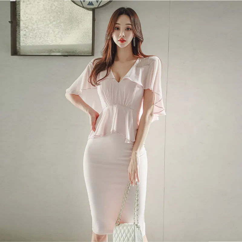 CM-DY071006 Women Elegant Seoul Style V-Neck High Waist Cloak Sleeve Dress