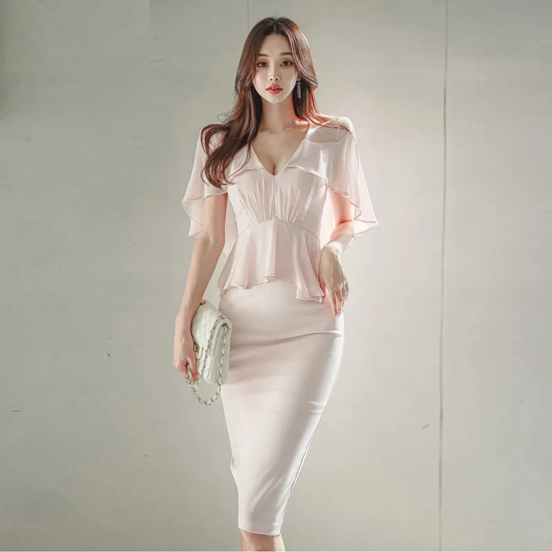 CM-DY071006 Women Elegant Seoul Style V-Neck High Waist Cloak Sleeve Dress