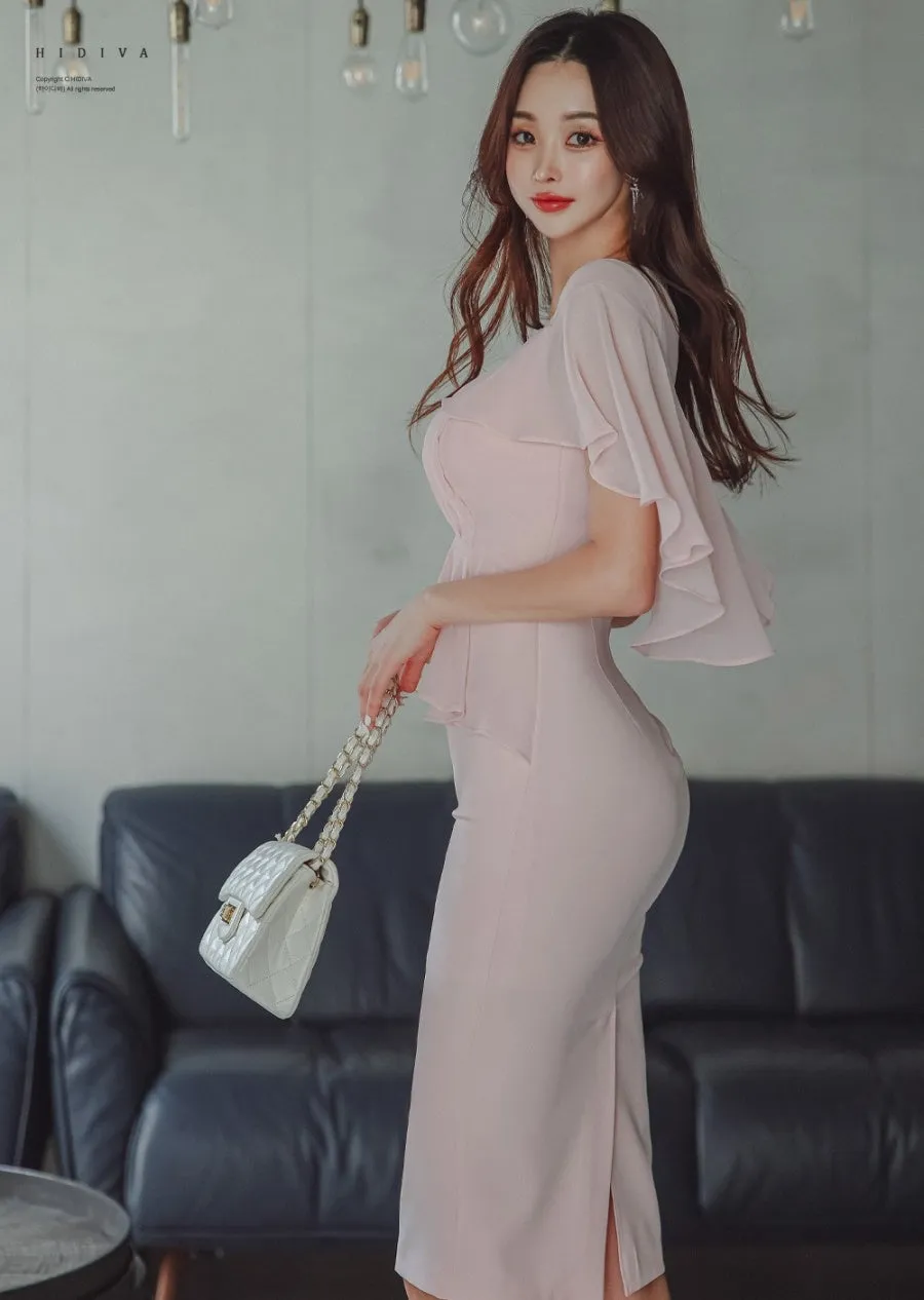 CM-DY071006 Women Elegant Seoul Style V-Neck High Waist Cloak Sleeve Dress