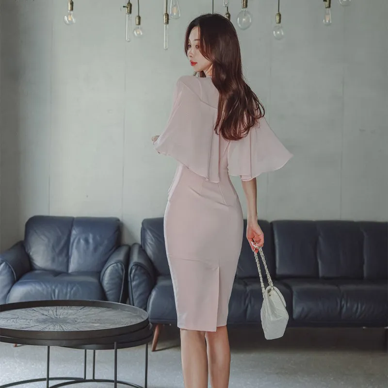 CM-DY071006 Women Elegant Seoul Style V-Neck High Waist Cloak Sleeve Dress