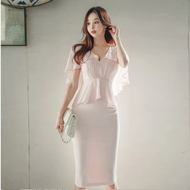 CM-DY071006 Women Elegant Seoul Style V-Neck High Waist Cloak Sleeve Dress