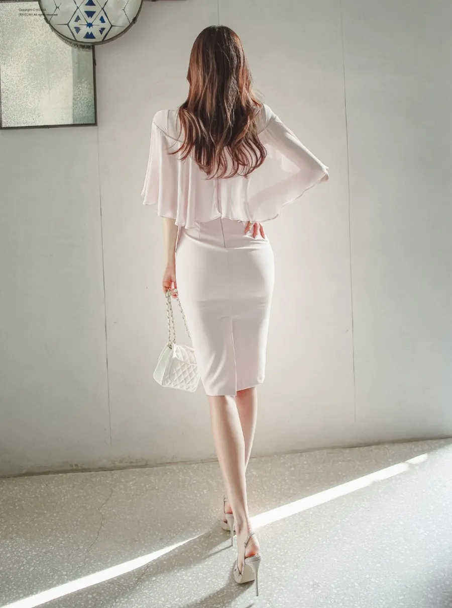 CM-DY071006 Women Elegant Seoul Style V-Neck High Waist Cloak Sleeve Dress