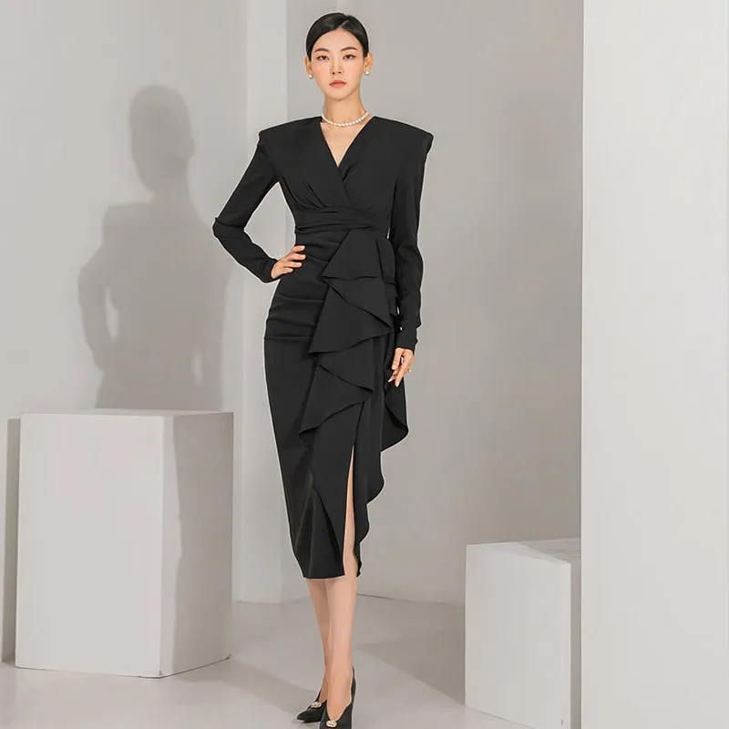 CM-DY082835 Women Elegant Seoul Style V-Neck Long Sleeve Midi Dress - Black